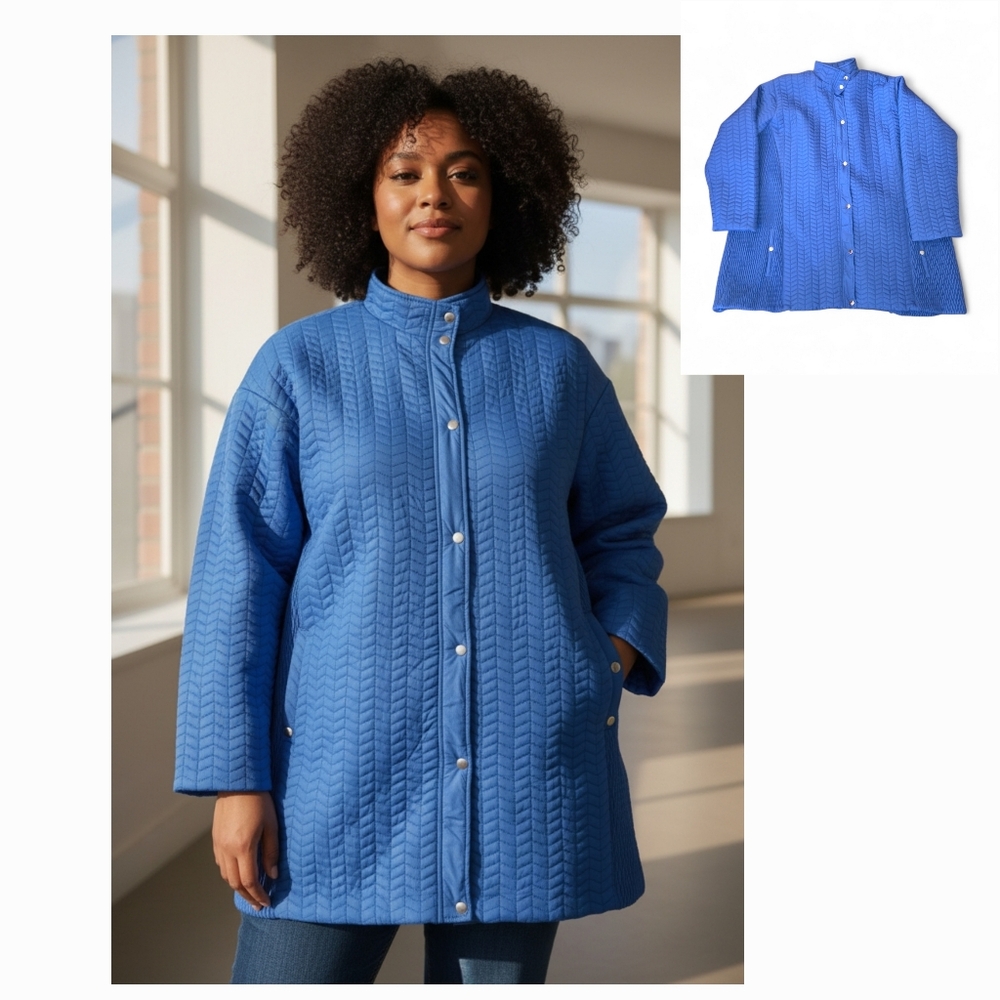 On The Plus Side Jacket Long Coat Nylon Braided Quilted Royal Blue Size 4X EUC